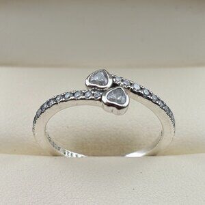 Pandora Sterling Silver Two Sparkling Hearts 24 stone Ring 925 ALE Size 58 - 8.5
